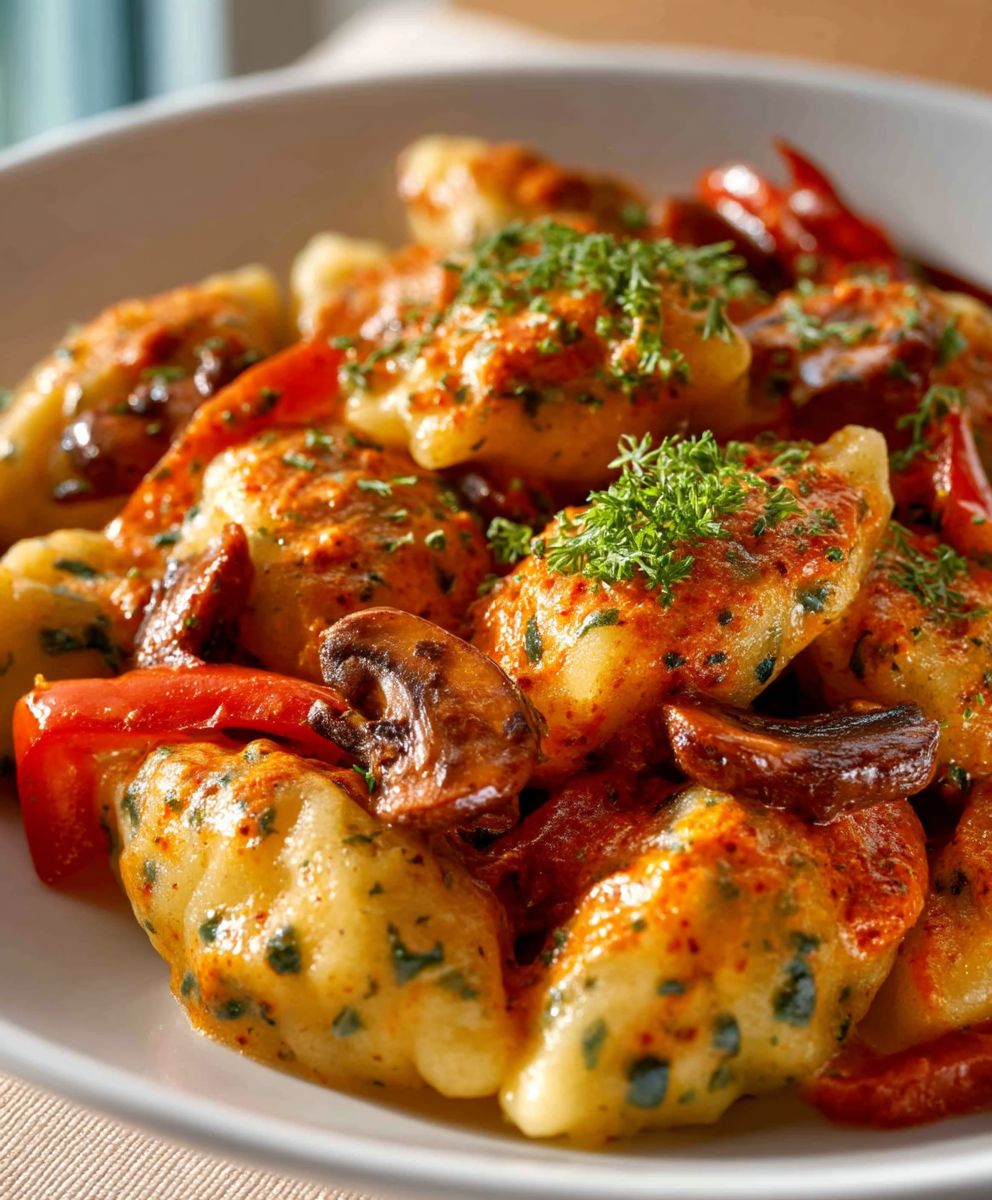 Vegane Schupfnudelpfanne Paprika Pilze