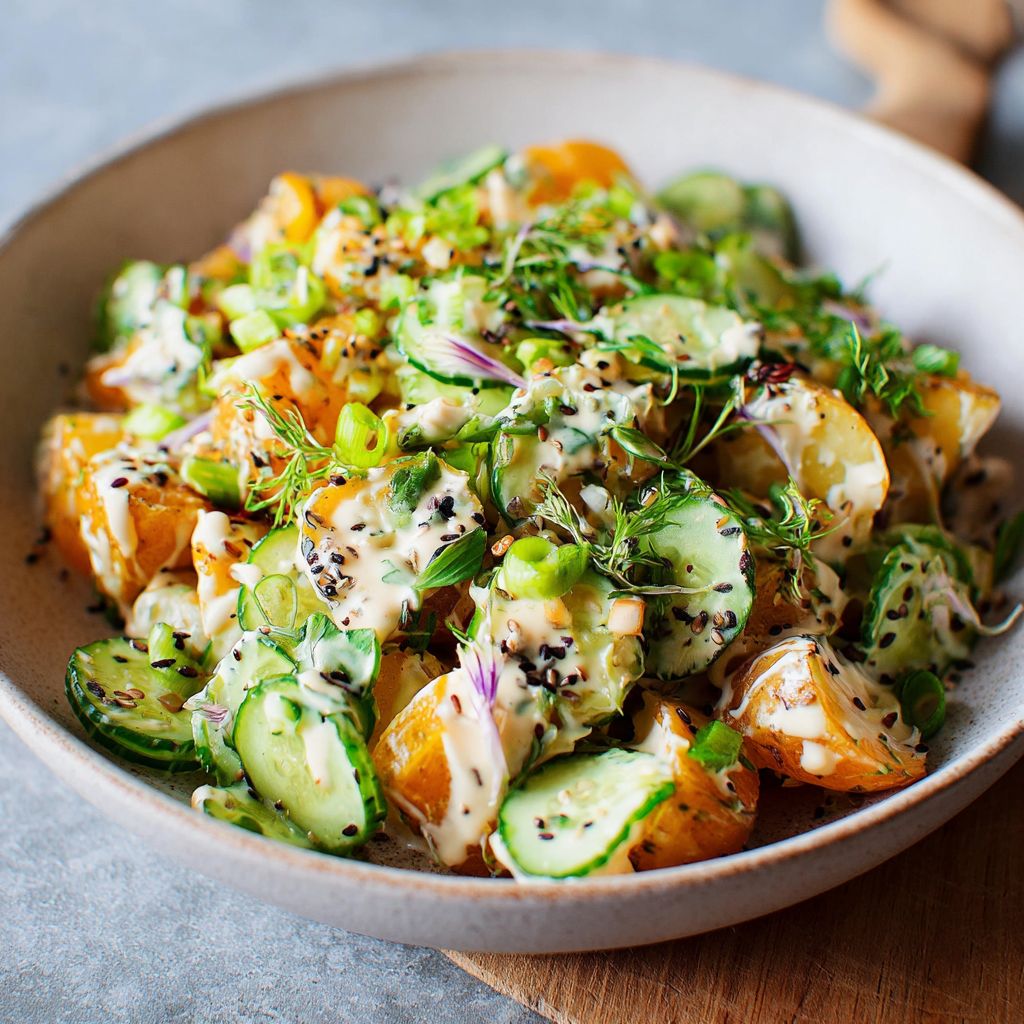 Süßkartoffel Gurkensalat Miso Dressing