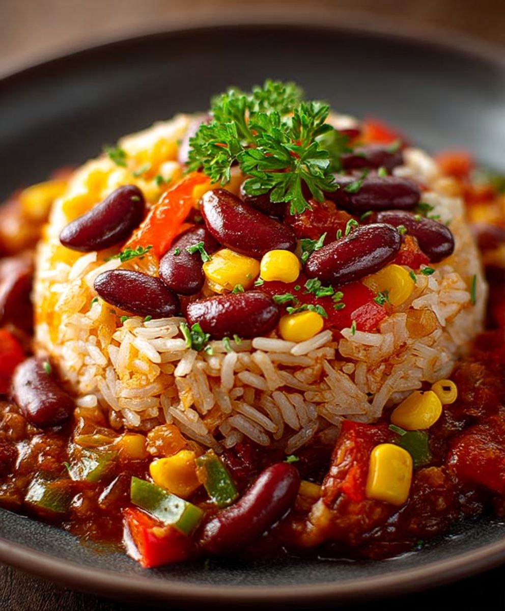 Vegetarische Reispfanne mit Kidneybohnen