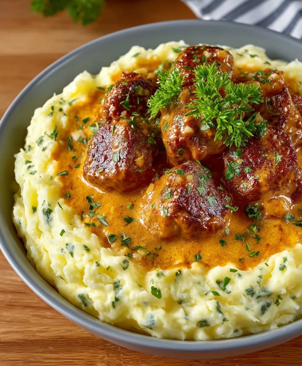 Hackbällchen cremige Sauce Kartoffelpüree