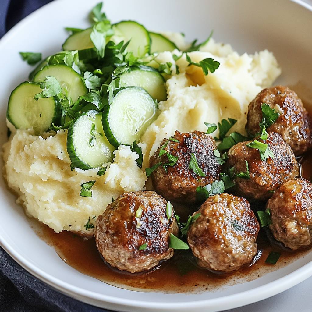 Fleischbällchen Gurkensalat Kartoffelstampf