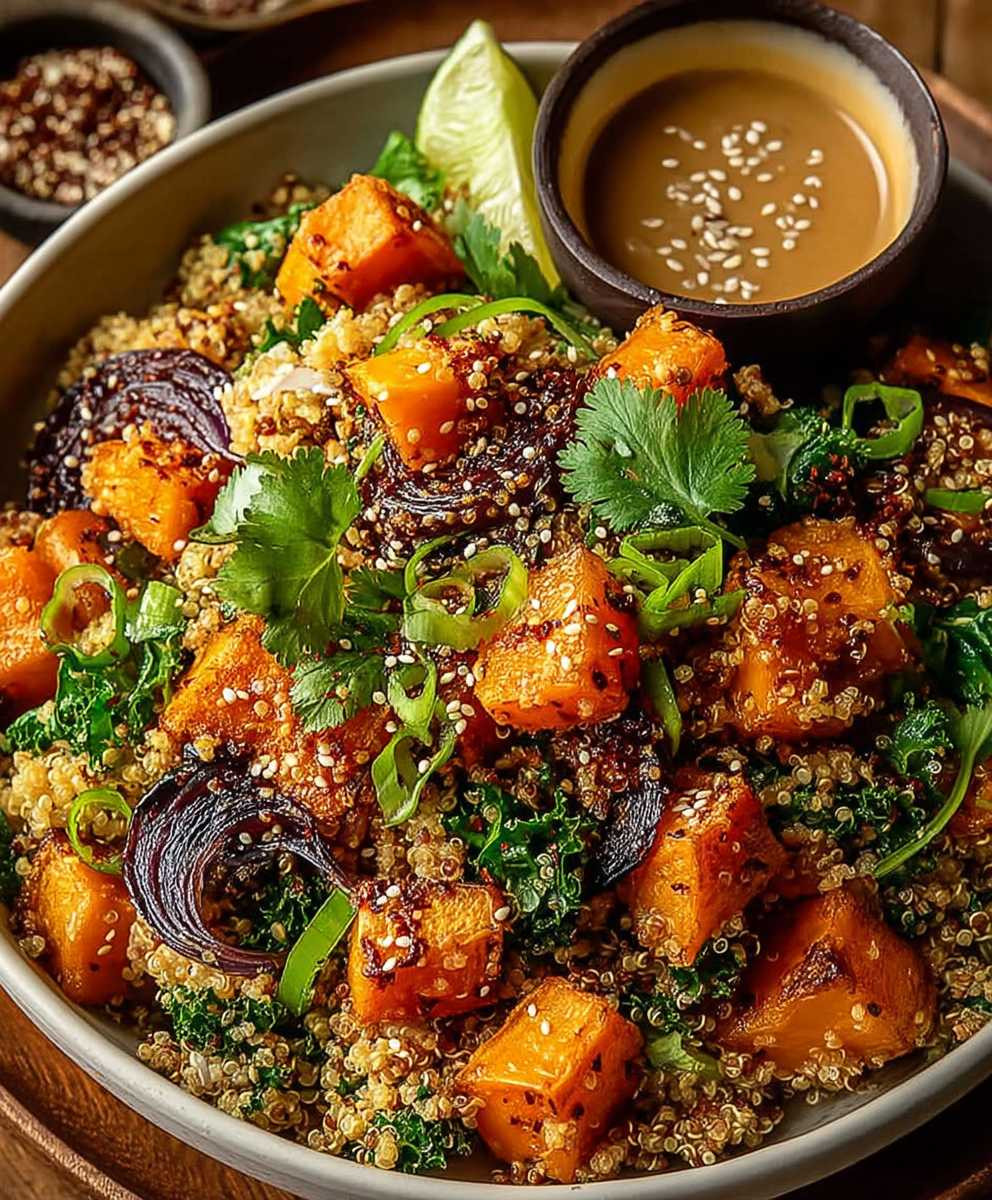 Süßkartoffel Quinoa Salat Miso Sauce