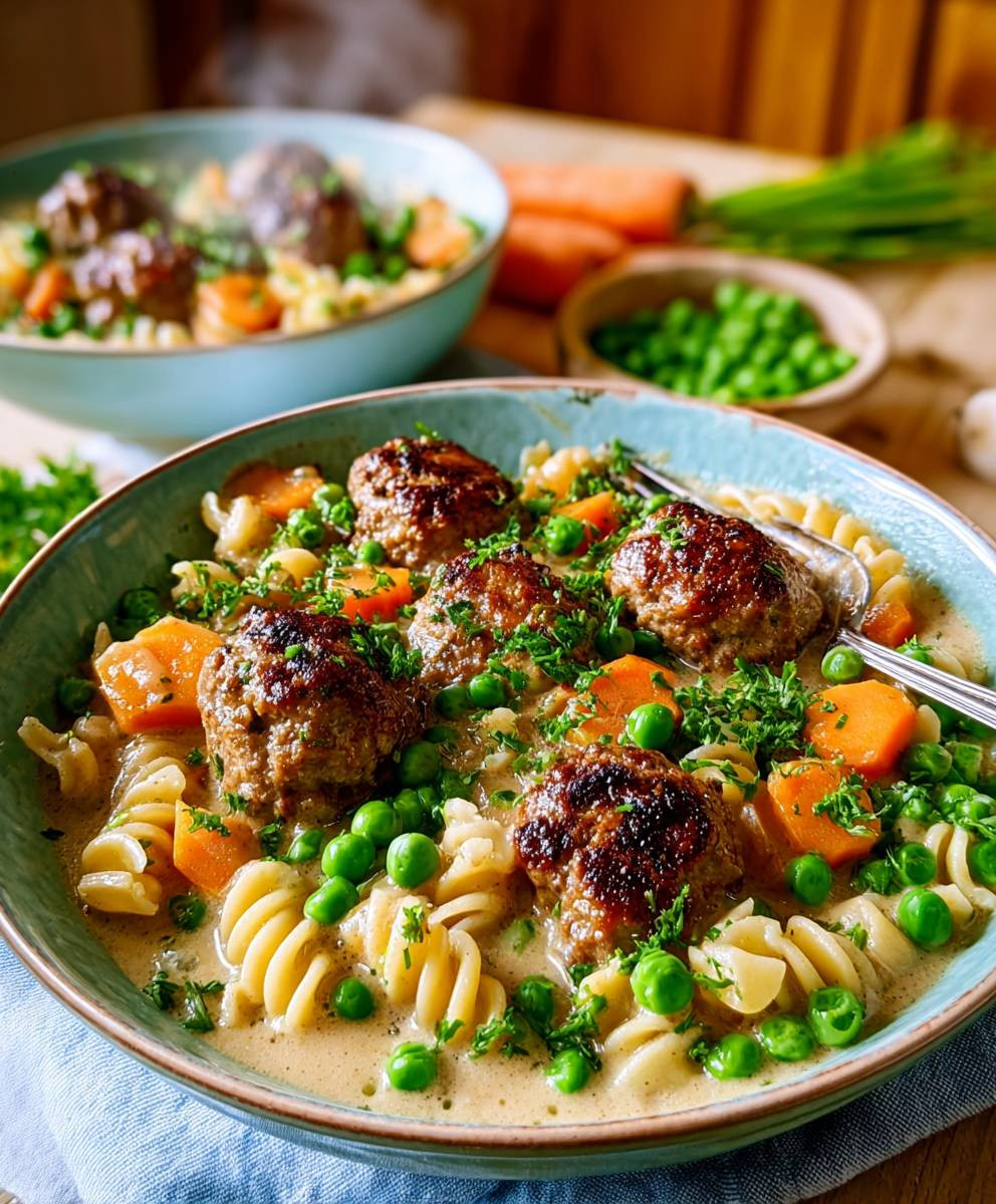 Wikingerpfanne mit Hackbällchen und Erbsen