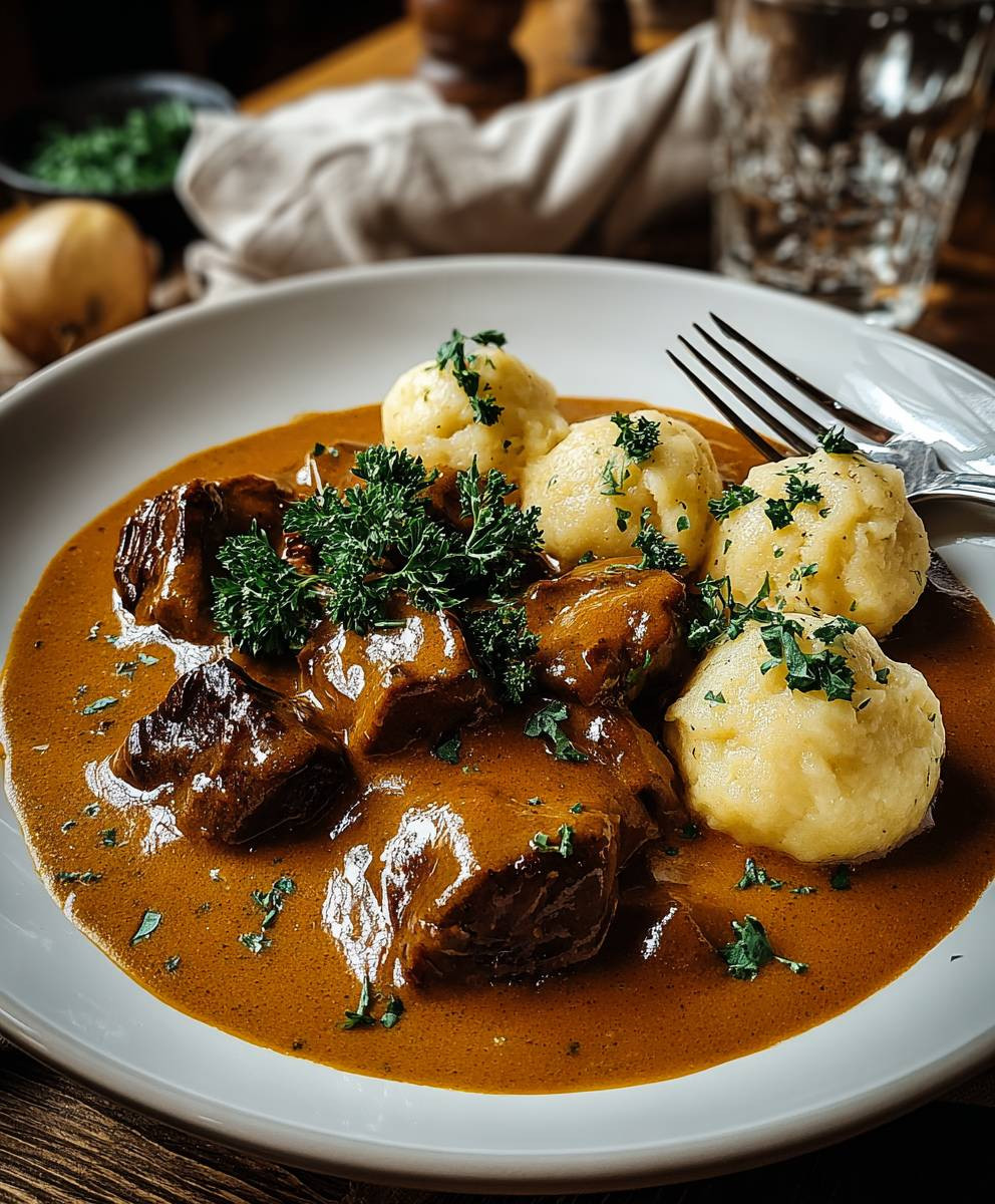 Rahmgulasch mit Serviettenknödel