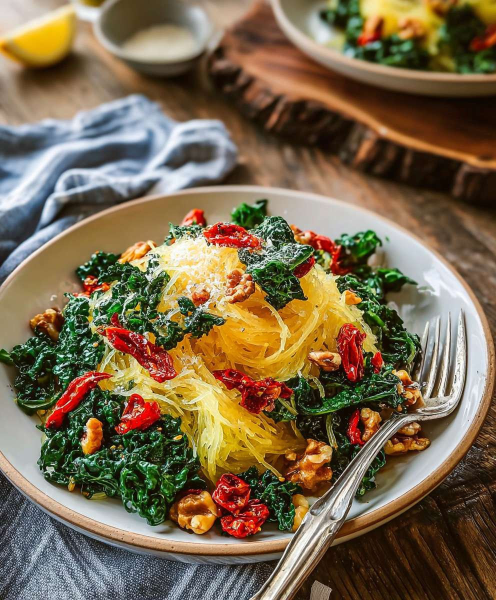 Gerösteter Knoblauch Kale Spaghetti Kürbis