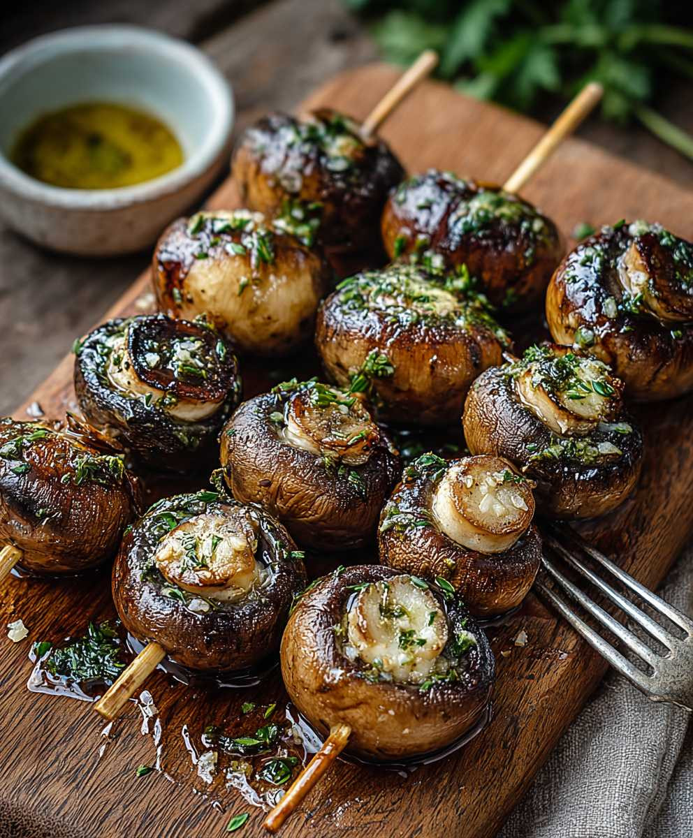 Champignonspieße mit Knoblauchmarinade