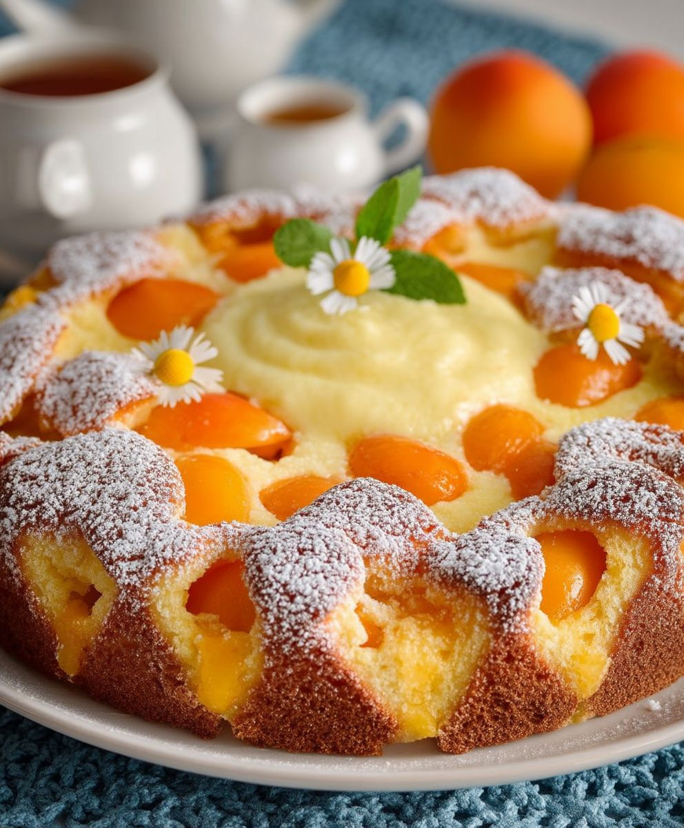 Aprikosenkuchen mit Vanillepudding