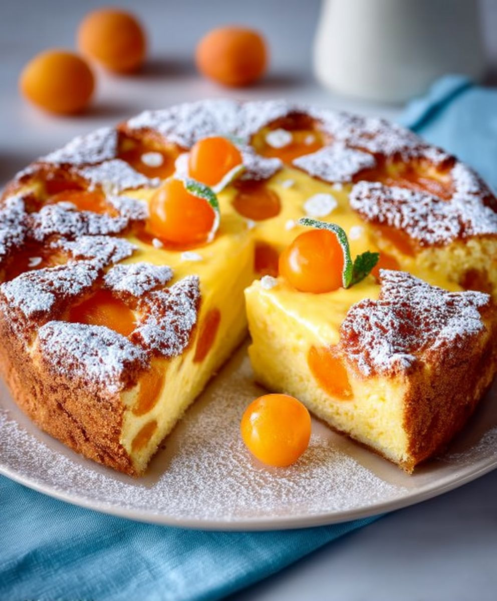 Aprikosenkuchen mit Vanillepudding