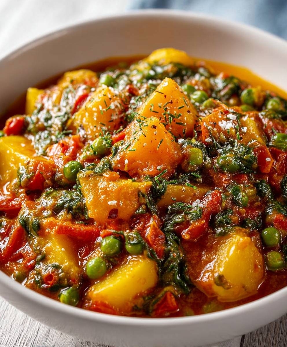 Veganes Kartoffelcurry Spinat Erbsen
