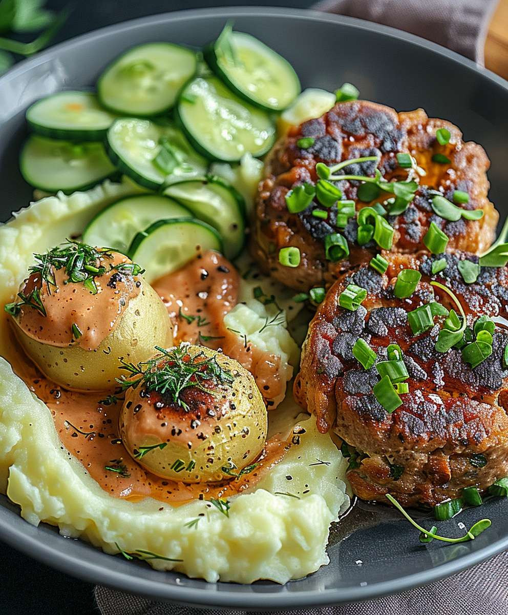 Fleischbällchen Gurkensalat Kartoffelstampf
