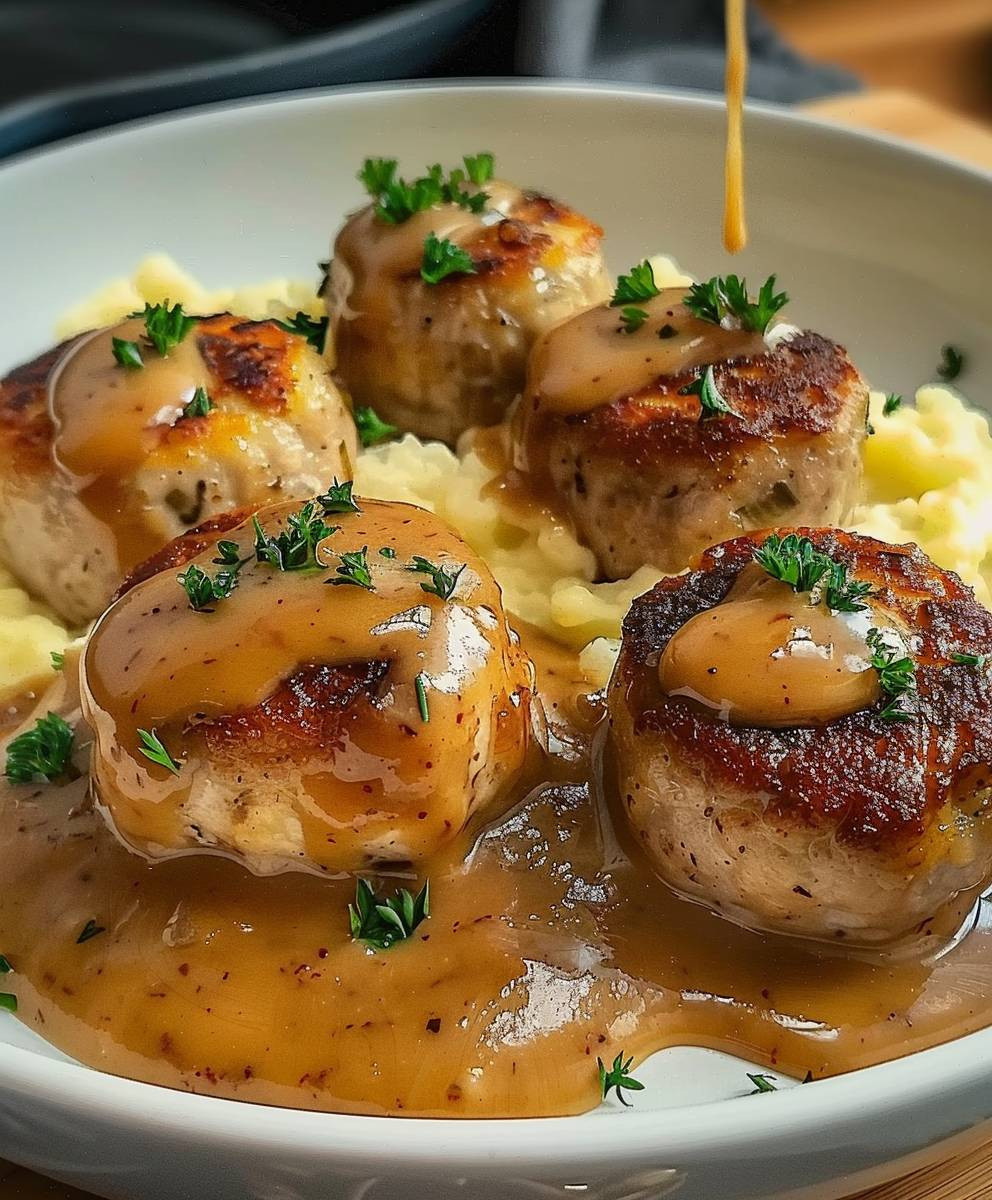 Hackbällchen cremiger Sauce Kartoffelpüree