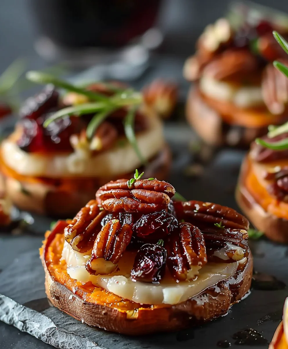 Süßkartoffel-Rounds mit Brie, Cranberry & Pekannüssen