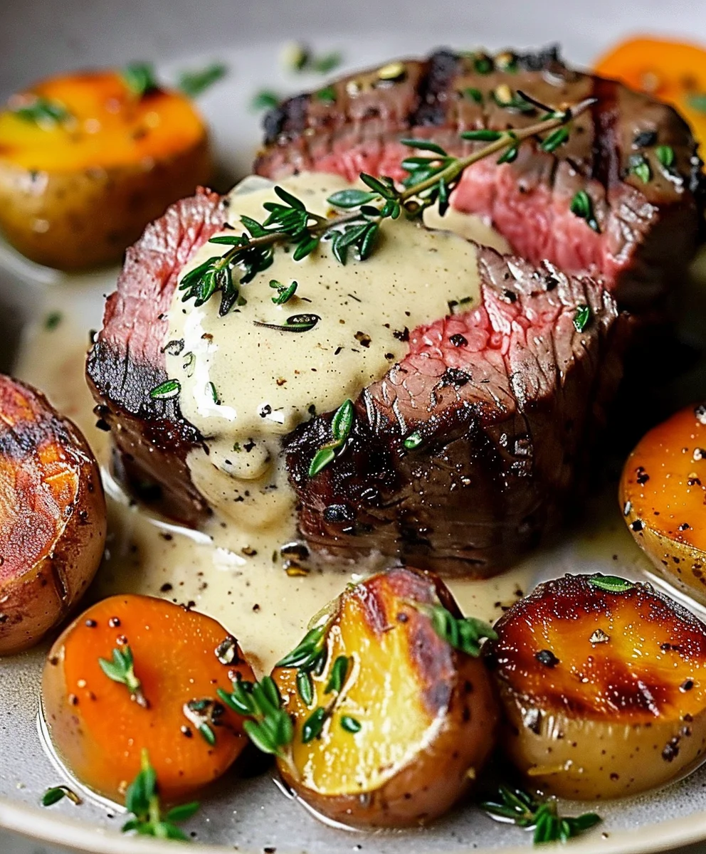 Rinderfilet mit Knoblauch-Dijon-Sahnesauce und geröstetem Gemüse
