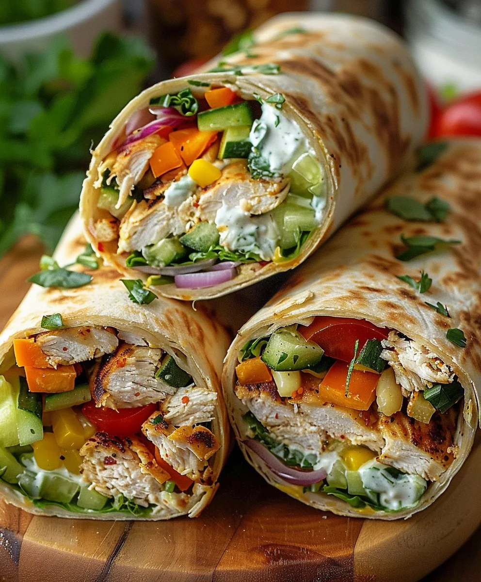 Geschmackvolle Hähnchen Hummus Wraps mit frischem Gemüse