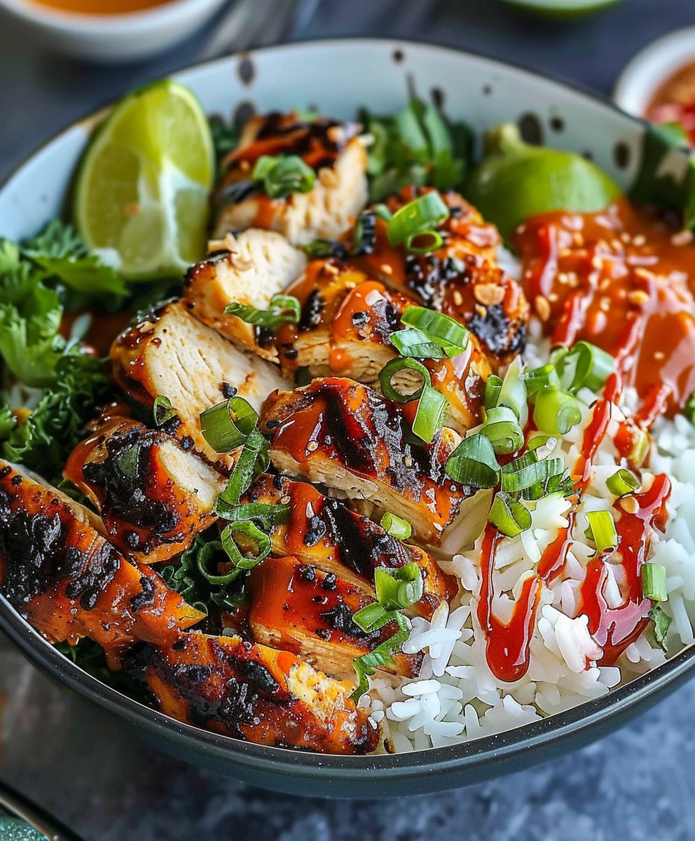 Süße Chili Hähnchen Bowl mit Kokos-Limetten-Dressing