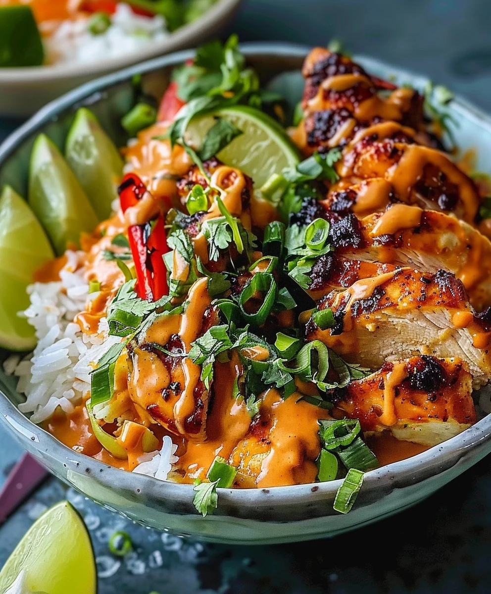 Süße Chili Hähnchen Bowl mit Kokos-Limetten-Dressing