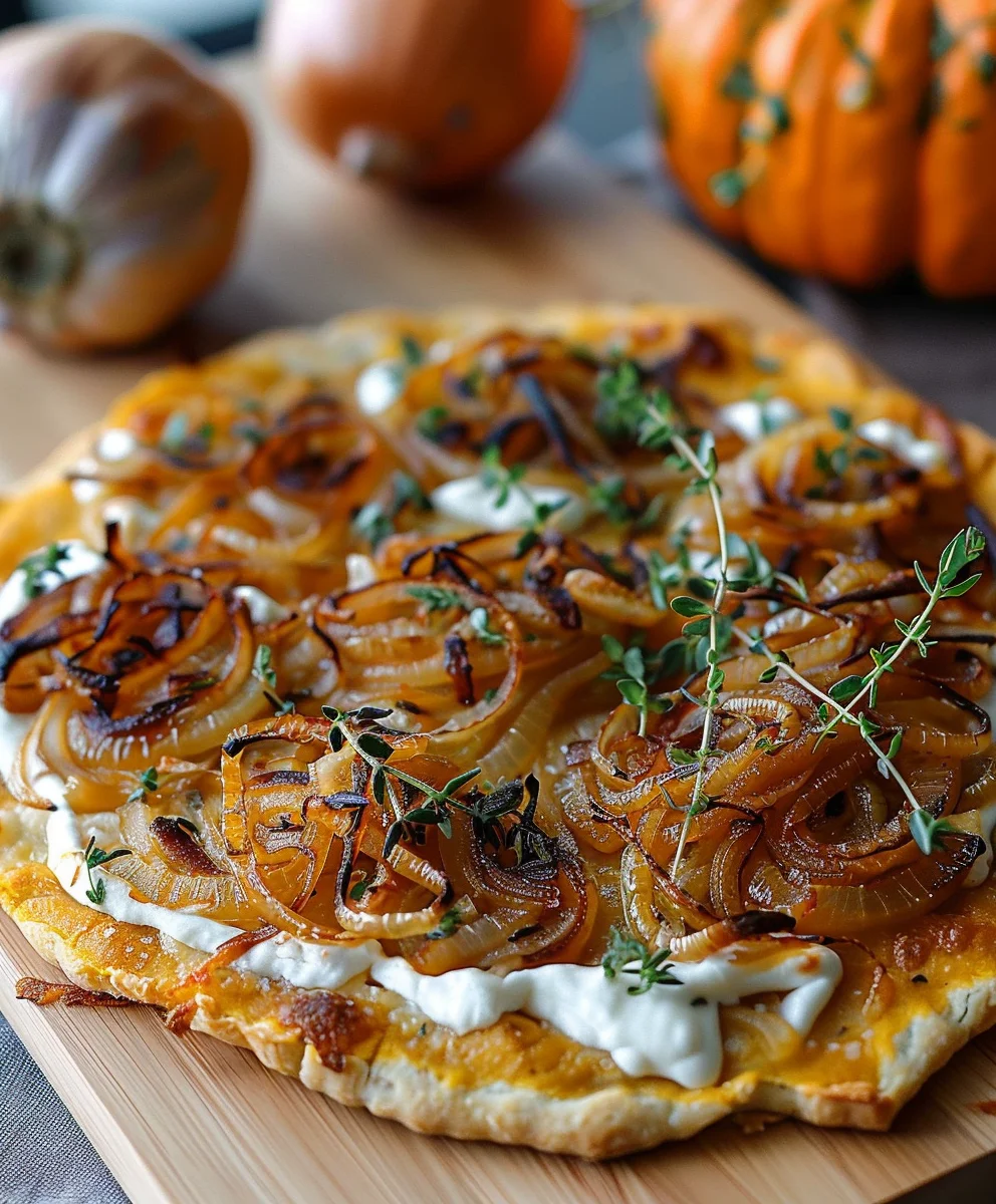 Herbstlicher Kuerbis Flammkuchen: Karamellisierte Zwiebeln