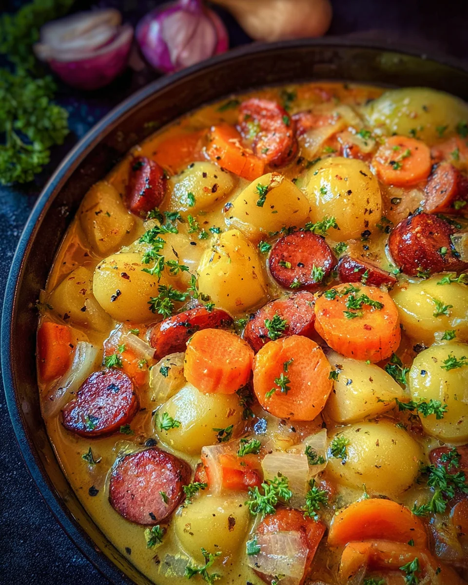 Köstlicher Eintopf mit Kartoffeln & Rinderwürstchen – schnell gemacht!
