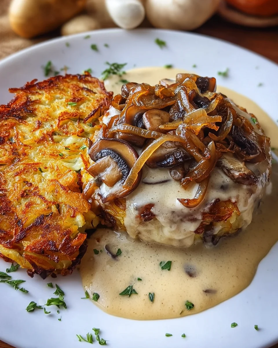 Cremige Mozzarella Rosti mit Zwiebel-Pilzrahmsosse