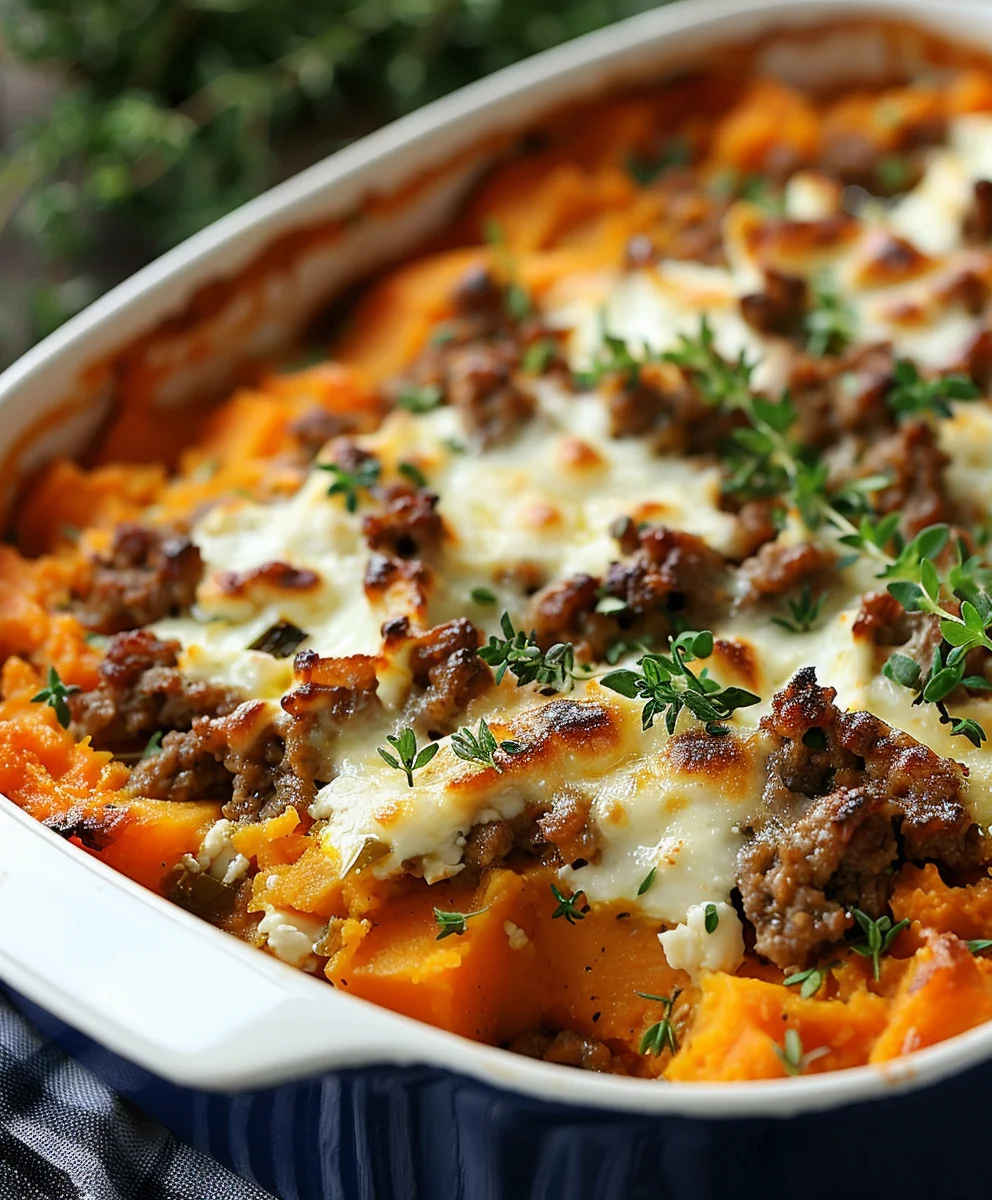 Cremiger Süßkartoffel-Hackfleisch-Feta-Auflauf: Lieblingsessen!
