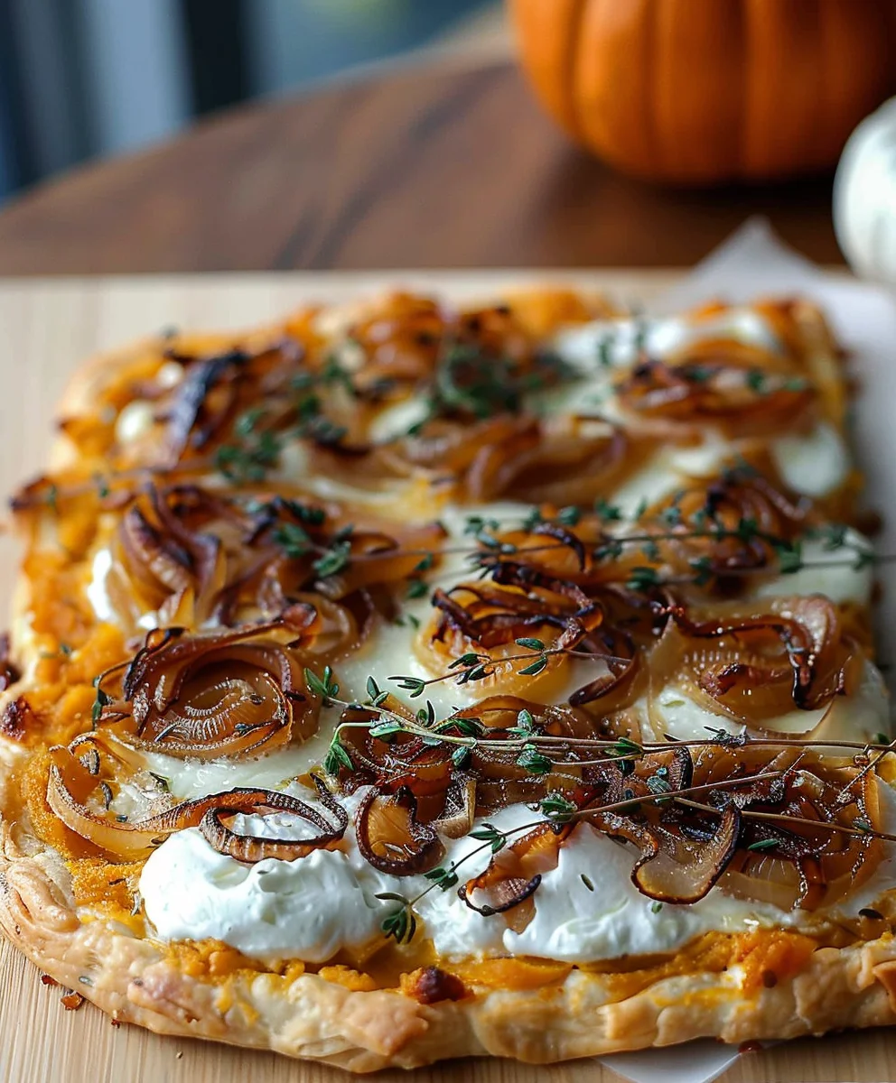 Herbstlicher Kuerbis Flammkuchen: Karamellisierte Zwiebeln