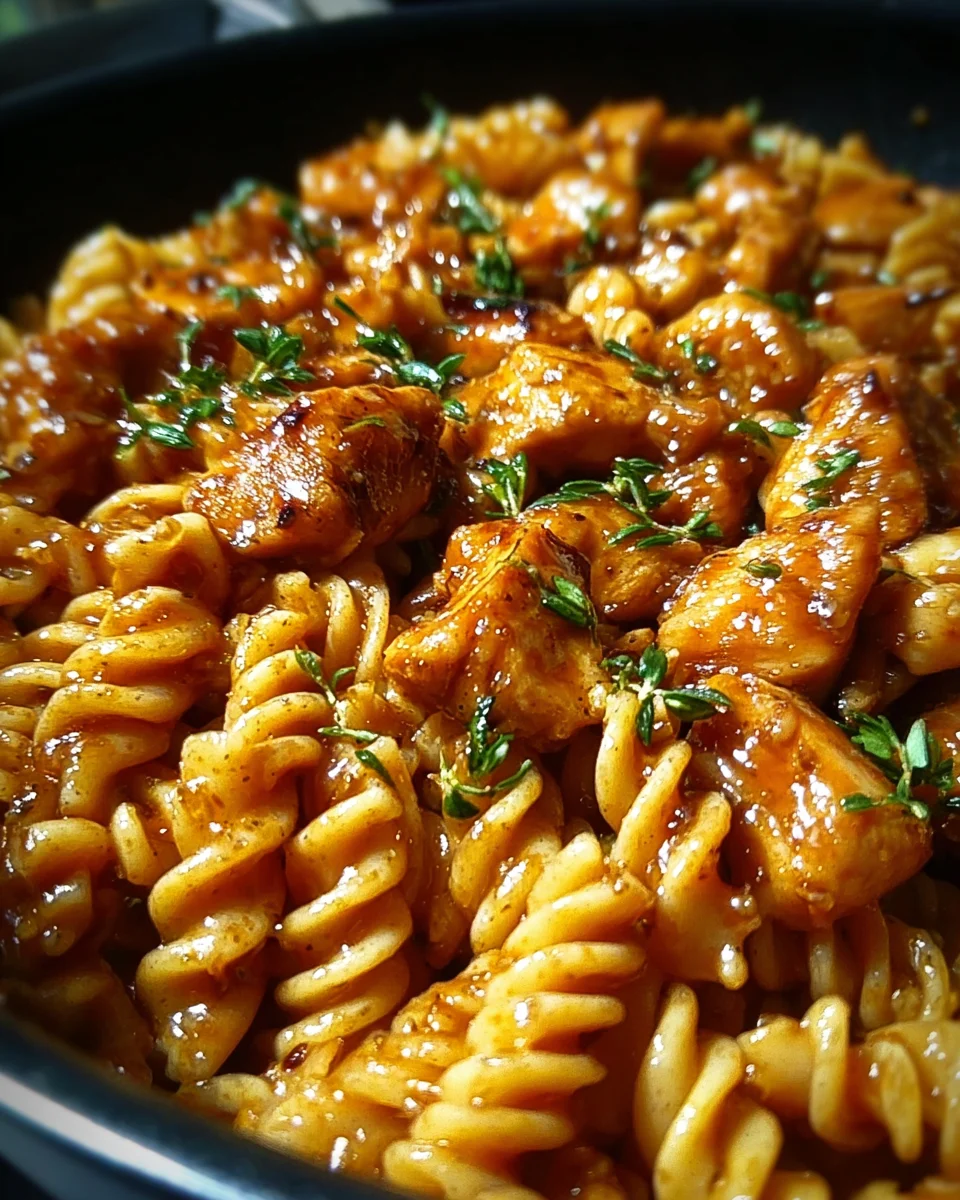 Schnelle One Pot Honig-Knoblauch BBQ Hähnchen Pasta genießen!