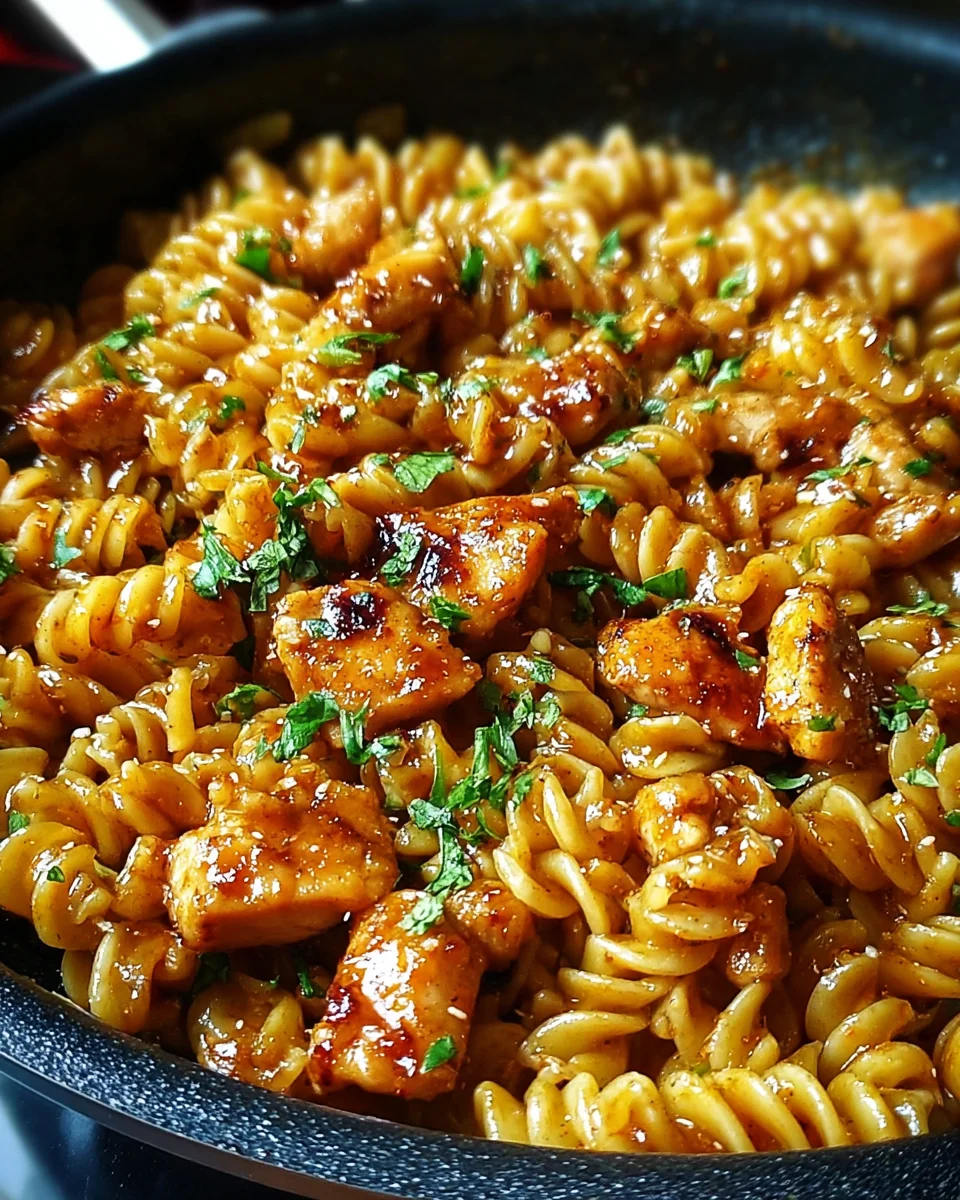 Schnelle One Pot Honig-Knoblauch BBQ Hähnchen Pasta genießen!