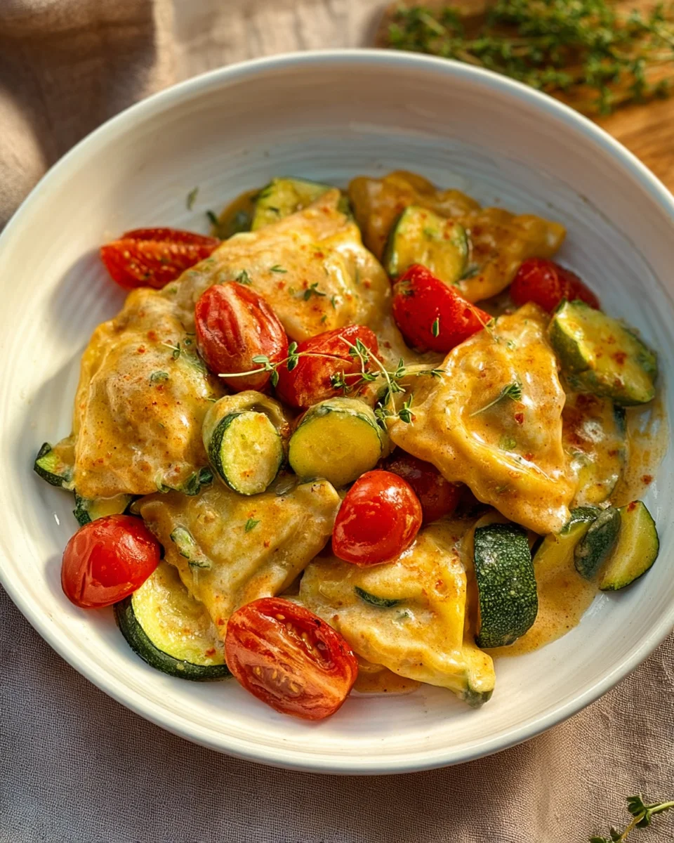 Schnelle Cremige Maultaschenpfanne mit Zucchini & Tomaten