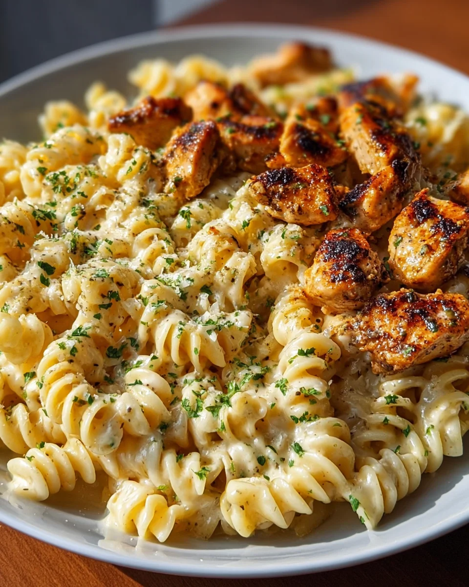Käse Alfredo Twisted Pasta mit goldbraunem Hähnchen in Sahnesoße