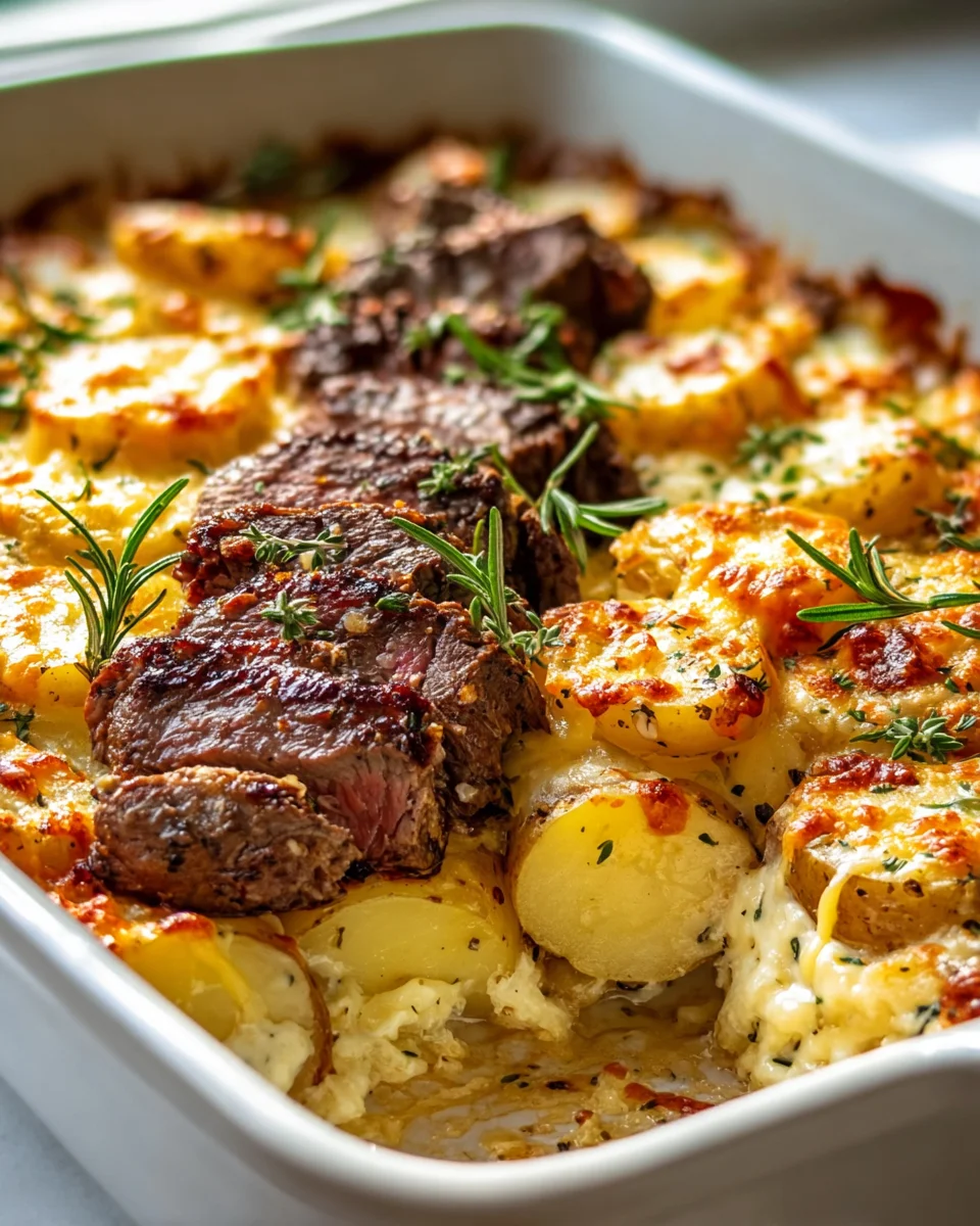 Knoblauchbutter Steak Cheddar Kartoffelauflauf – Herzhaft lecker!