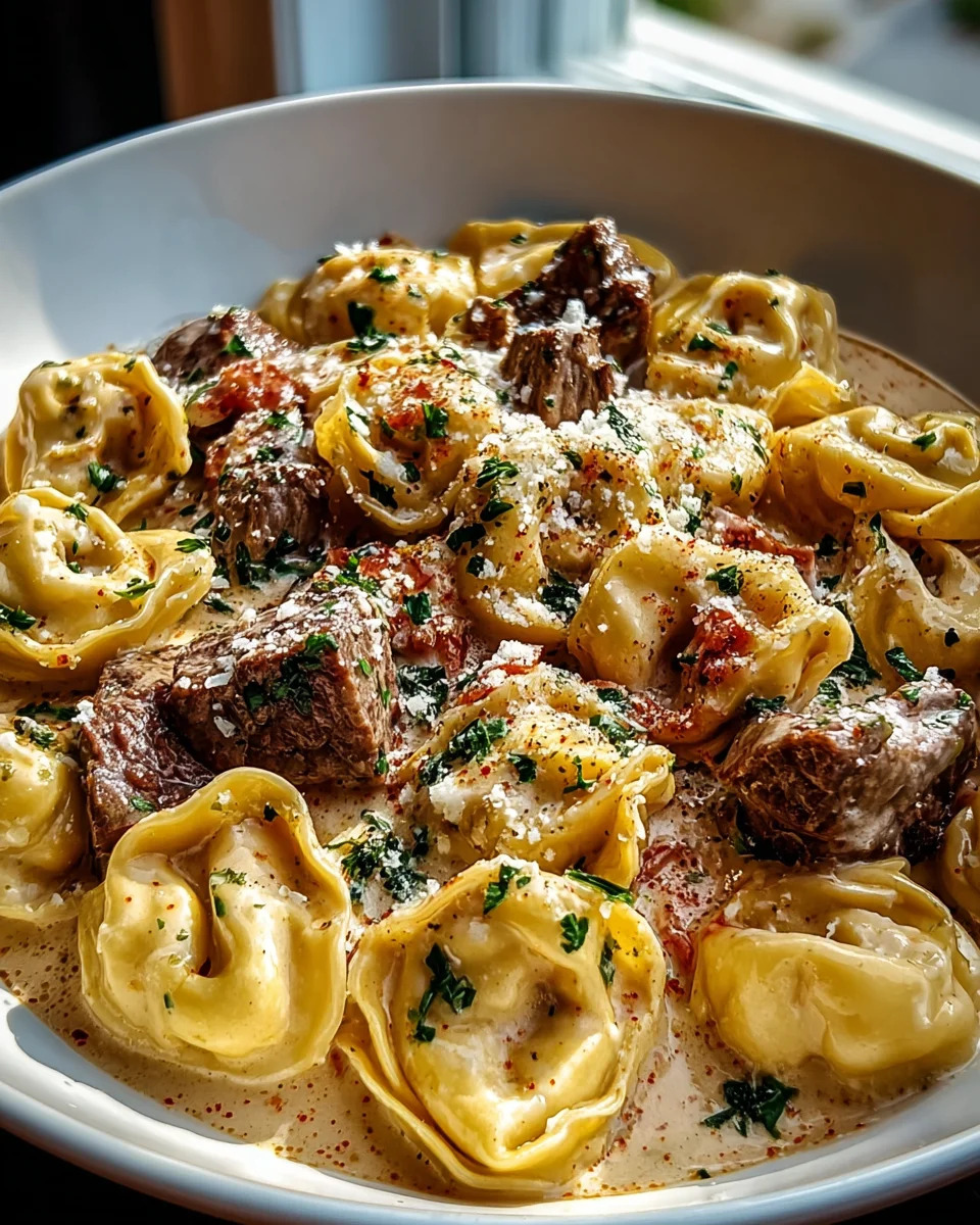 Cracked Garlic Steak Tortellini in cremiger Sauce genießen