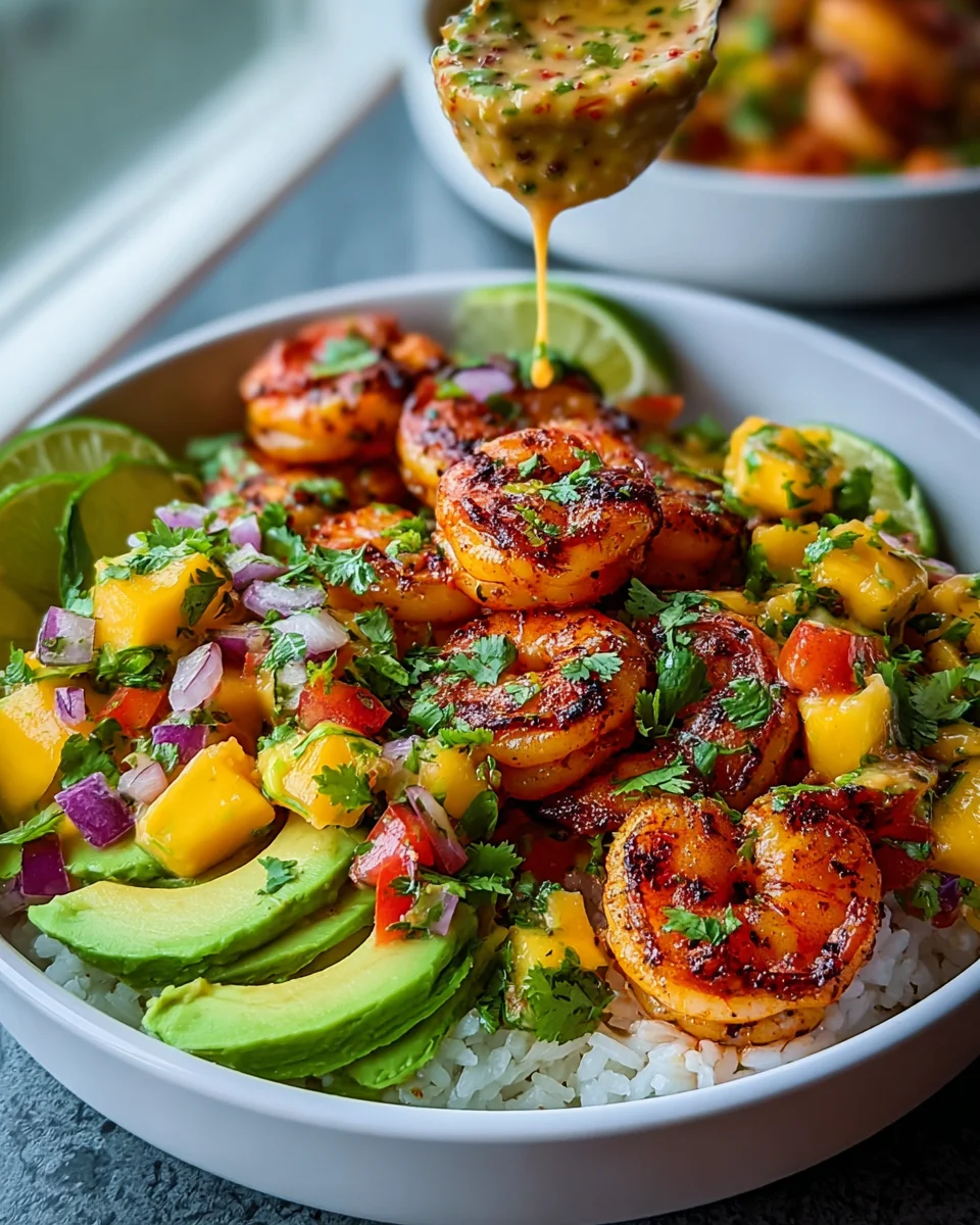 Shrimp-Avocado-Bowls mit Mango-Salsa und Limetten-Chili-Sauce