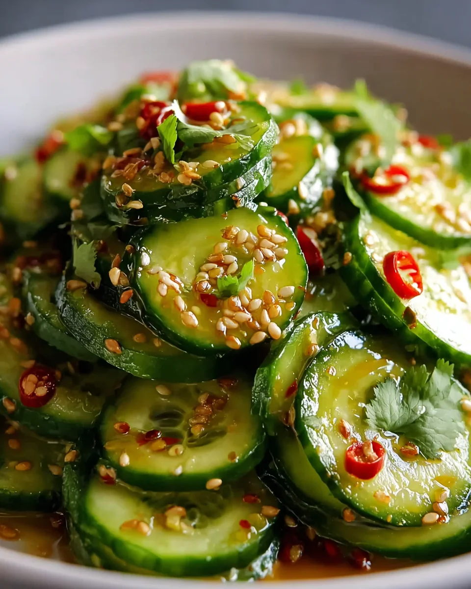 Erfrischender asiatischer Gurkensalat mit Chili und Sesam