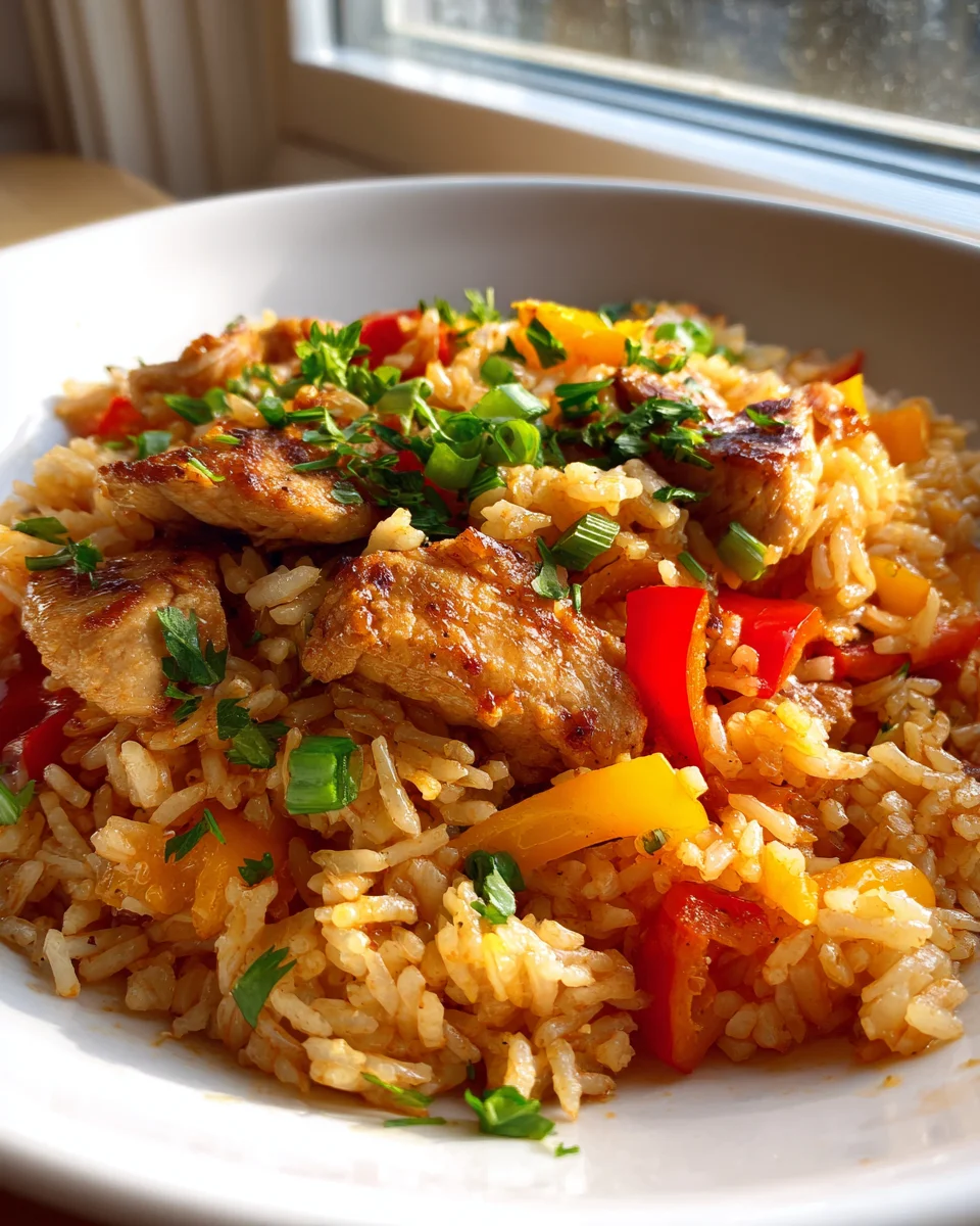 Schnelle Paprika Reis Pfanne mit Hähnchen & Sojasoße