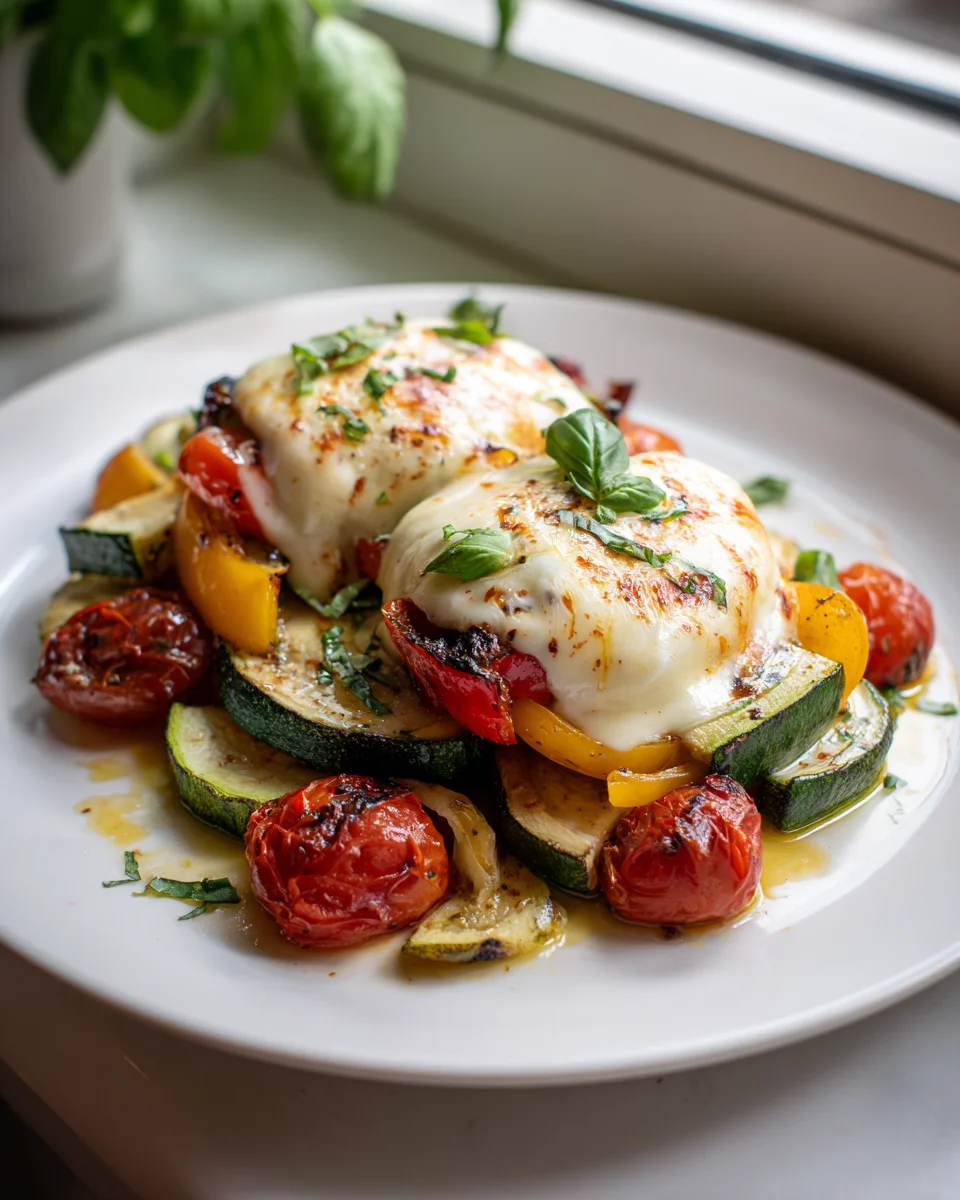 Cremiger Überbackener Mozzarella auf mediterranem Ofengemüse.