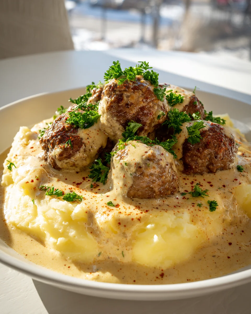 Leckere Hackbällchen in cremiger Sauce & Kartoffelpüree.