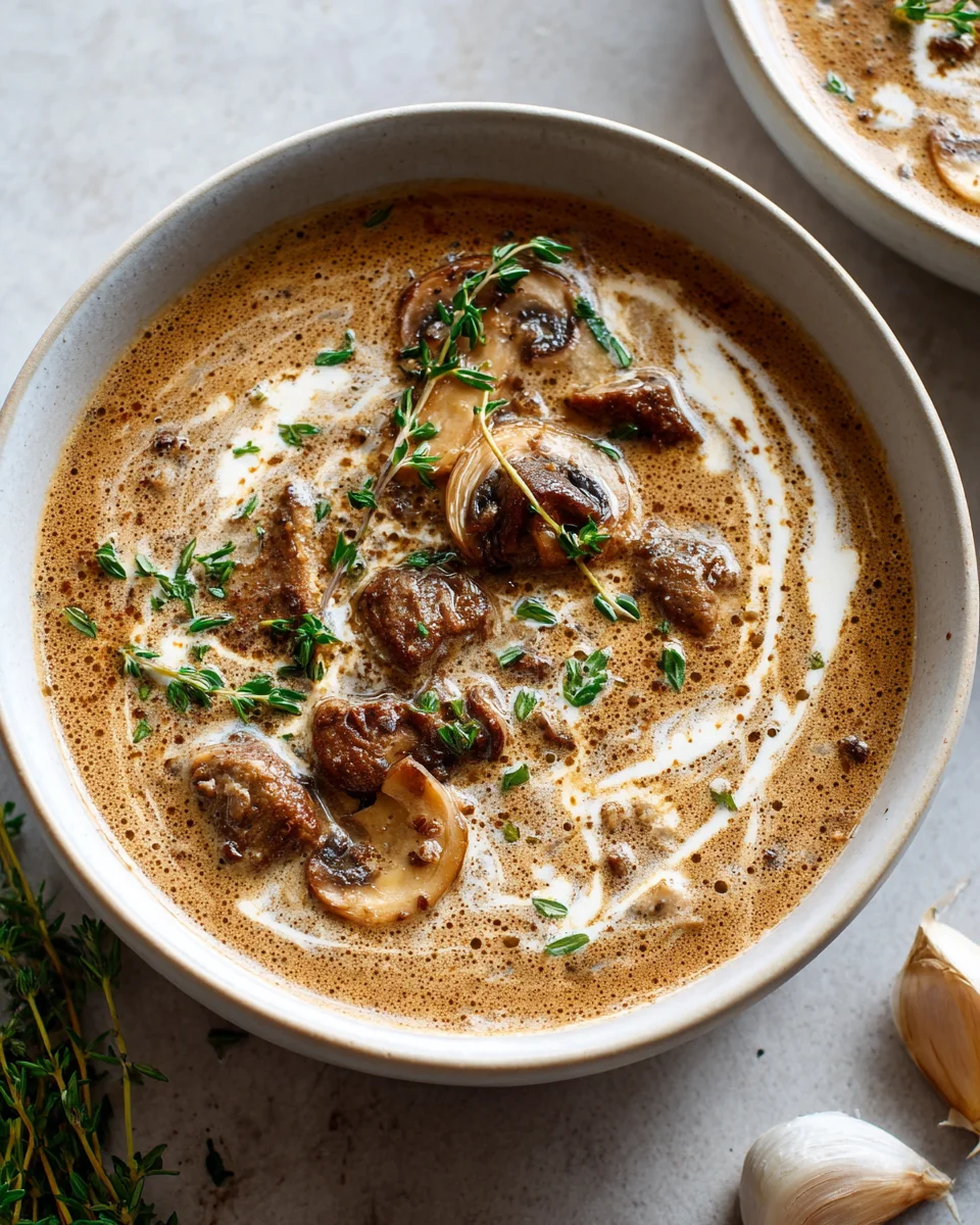 Cremige Rinder-Champignon Suppe mit Knoblauch & Thymian