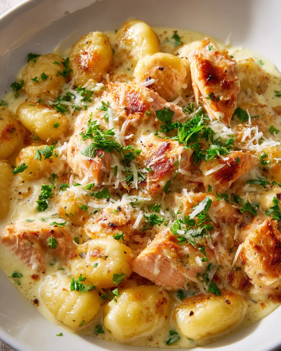 Cremiger Knoblauch-Parmesan Lachs-Gnocchi-Auflauf Rezept