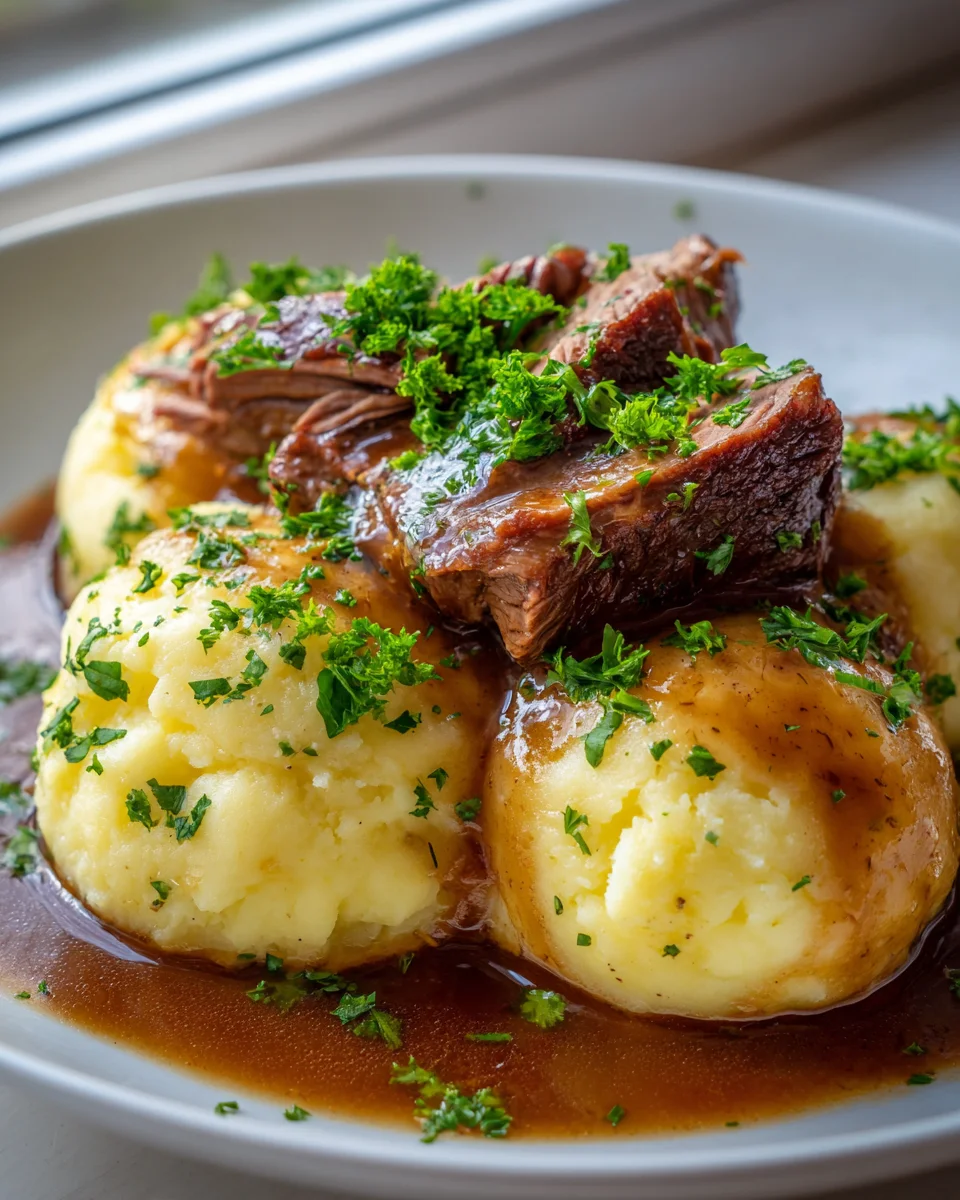 Klassische Kartoffelknödel mit zartem Rinderbraten & Soße