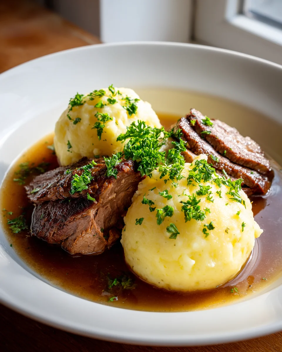 Klassische Kartoffelknödel mit zartem Rinderbraten & Soße