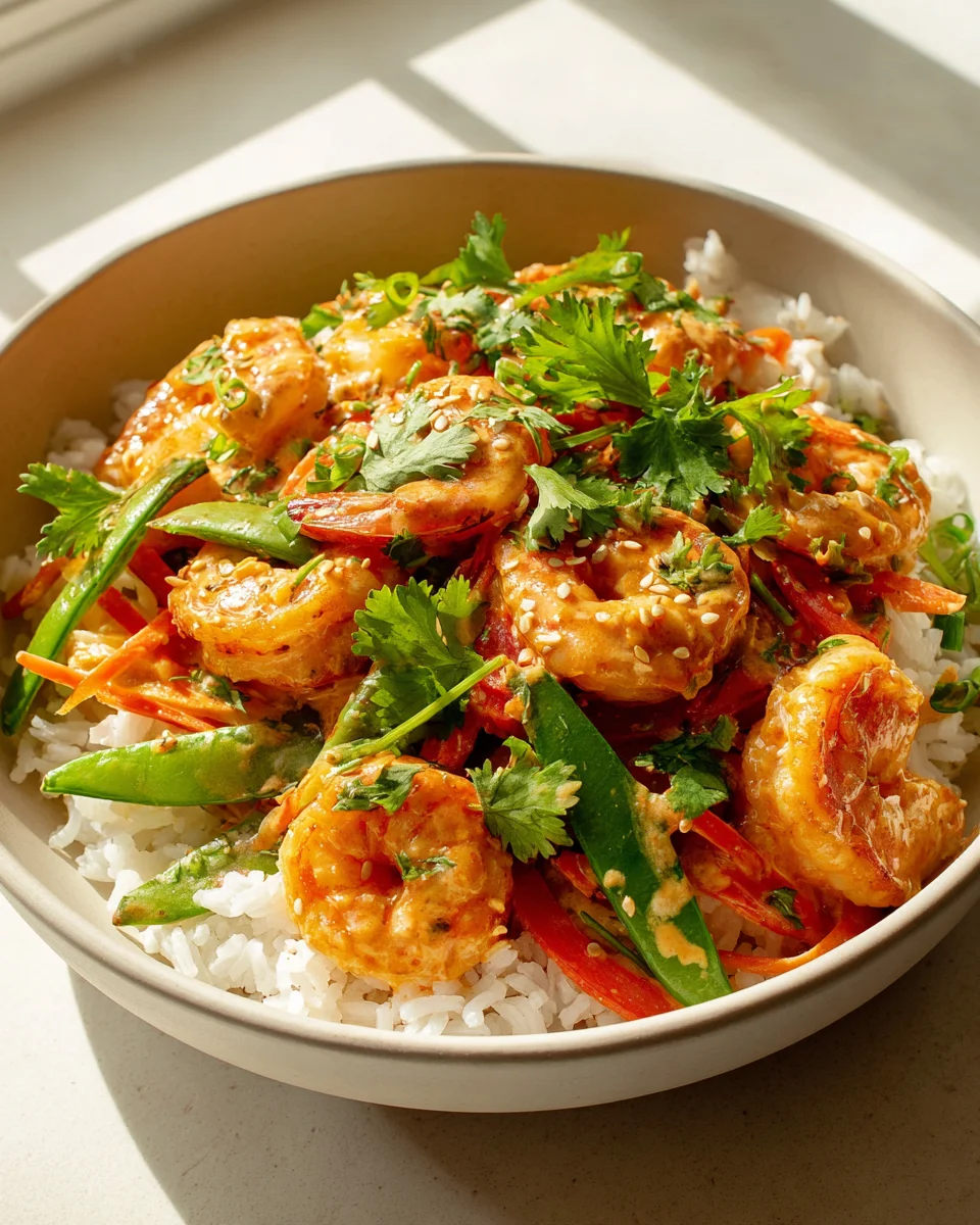 Cremige Bang Bang Garnelen Bowl mit Reis & Frischem Gemüse