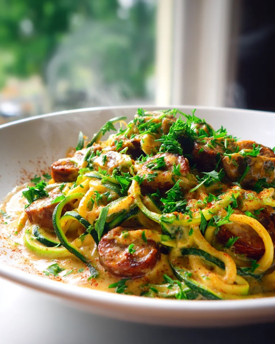 Low Carb One Pot Cajun Rinderwurst Pasta mit Zucchini Nudeln