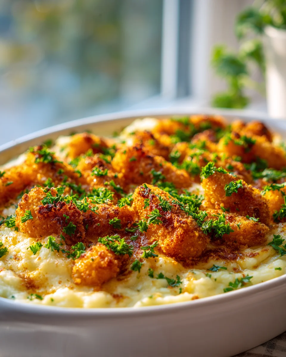 Knuspriger Fischstäbchen Auflauf mit Kartoffelpüree