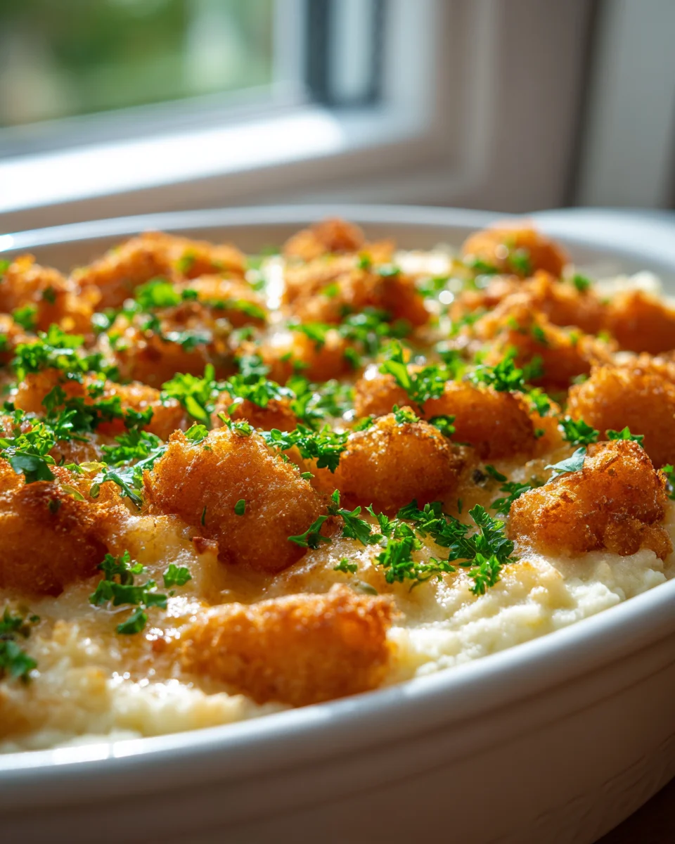Knuspriger Fischstäbchen Auflauf mit Kartoffelpüree
