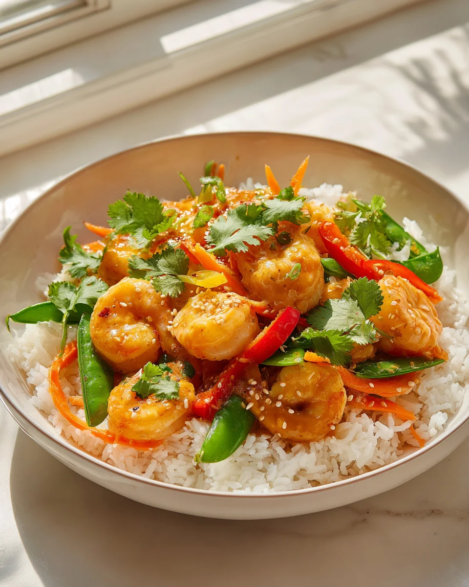 Cremige Bang Bang Garnelen Bowl mit Reis & Frischem Gemüse