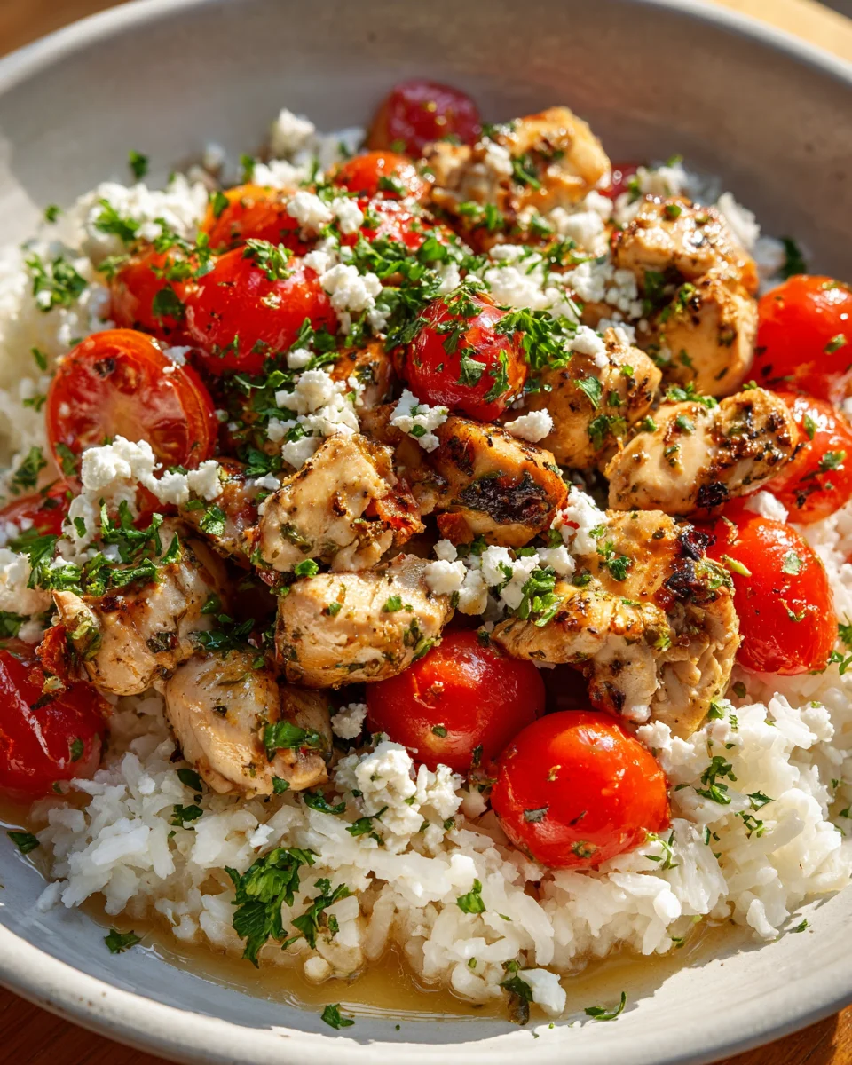 Herzhafte Mediterrane Hähnchen Bowl mit Reis und Tomaten