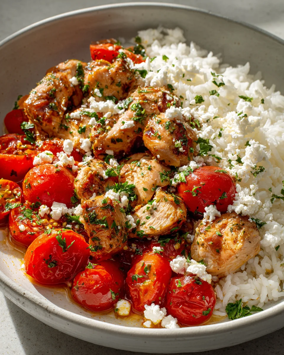 Herzhafte Mediterrane Hähnchen Bowl mit Reis und Tomaten