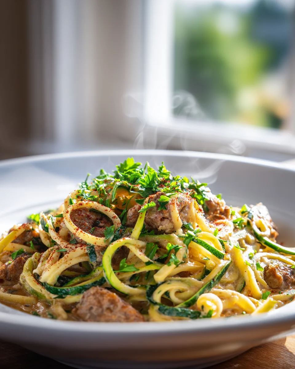 Low Carb One Pot Cajun Rinderwurst Pasta mit Zucchini Nudeln