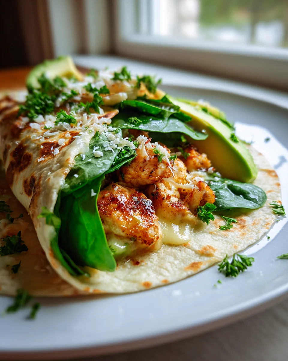 Low Carb Cheesy Garlic Chicken Wraps mit Spinat und Avocado