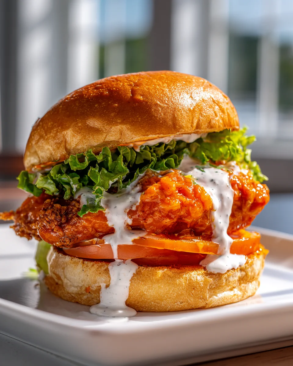 Leckeres Buffalo Chicken Sandwich mit cremigem Ranch-Dressing